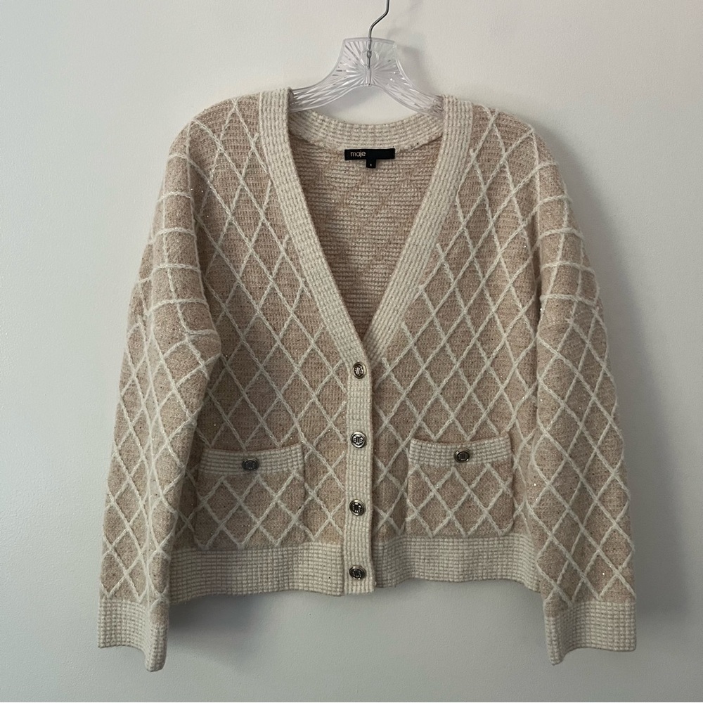 Maje Beige and Cream Diamond Knit Cardigan